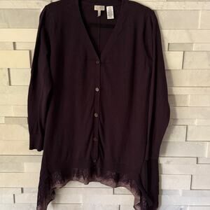 LOGO Lori Goldstein Longline Cashmere/Cotton Assymetrical Lace Hem Cardigan Navy